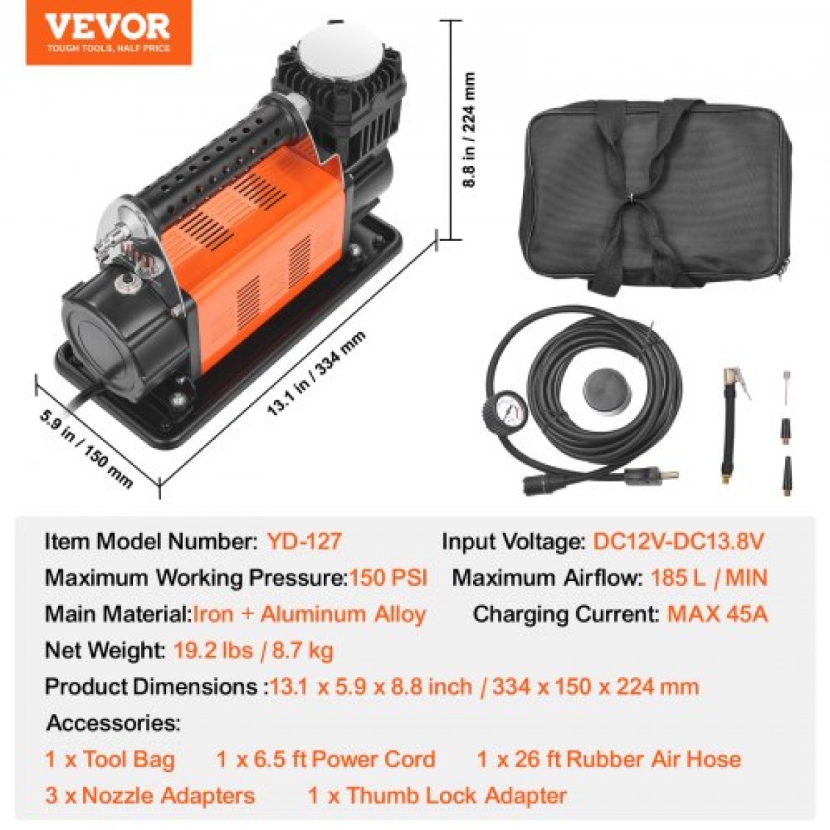 Φορητό φουσκωτό ελαστικών VEVOR 12V, αεροσυμπιεστής βαρέως τύπου 7.06CFM, αντλία αέρα εκτός δρόμου 150 PSI με αντάπτορες για φορτηγό SUV RV αυτοκινήτου - Περιλαμβάνει καλώδιο τροφοδοσίας 6.5FT, σωλήνα αέρα 26FT με μανόμετρο, τσάντα μεταφοράς