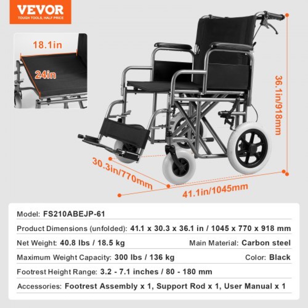Αναπηρικό αμαξίδιο VEVOR, Καρέκλα μεταφοράς από ανθρακούχο χάλυβα για ενήλικες, αναδιπλούμενο αναπηρικό αμαξίδιο με αποσπώμενο υποβραχιόνιο, φρένο που κλειδώνει, πλάτος κάθισμα 24 ιντσών, χωρητικότητα βάρους 300 λίβρες, για άτομα με ειδικές ανάγκες, κινού
