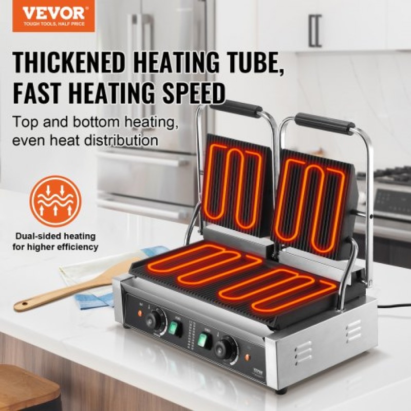 Εμπορική σχάρα Panini VEVOR, Ηλεκτρικό σάντουιτς Panini Maker 3600W, Ανοξείδωτη πρέσα διπλής σάντουιτς, Panini Grill Temp Control, 48x23cm Πλήρης αυλάκωση εμαγιέ, για μπριζόλα χάμπουργκερ μπέικον