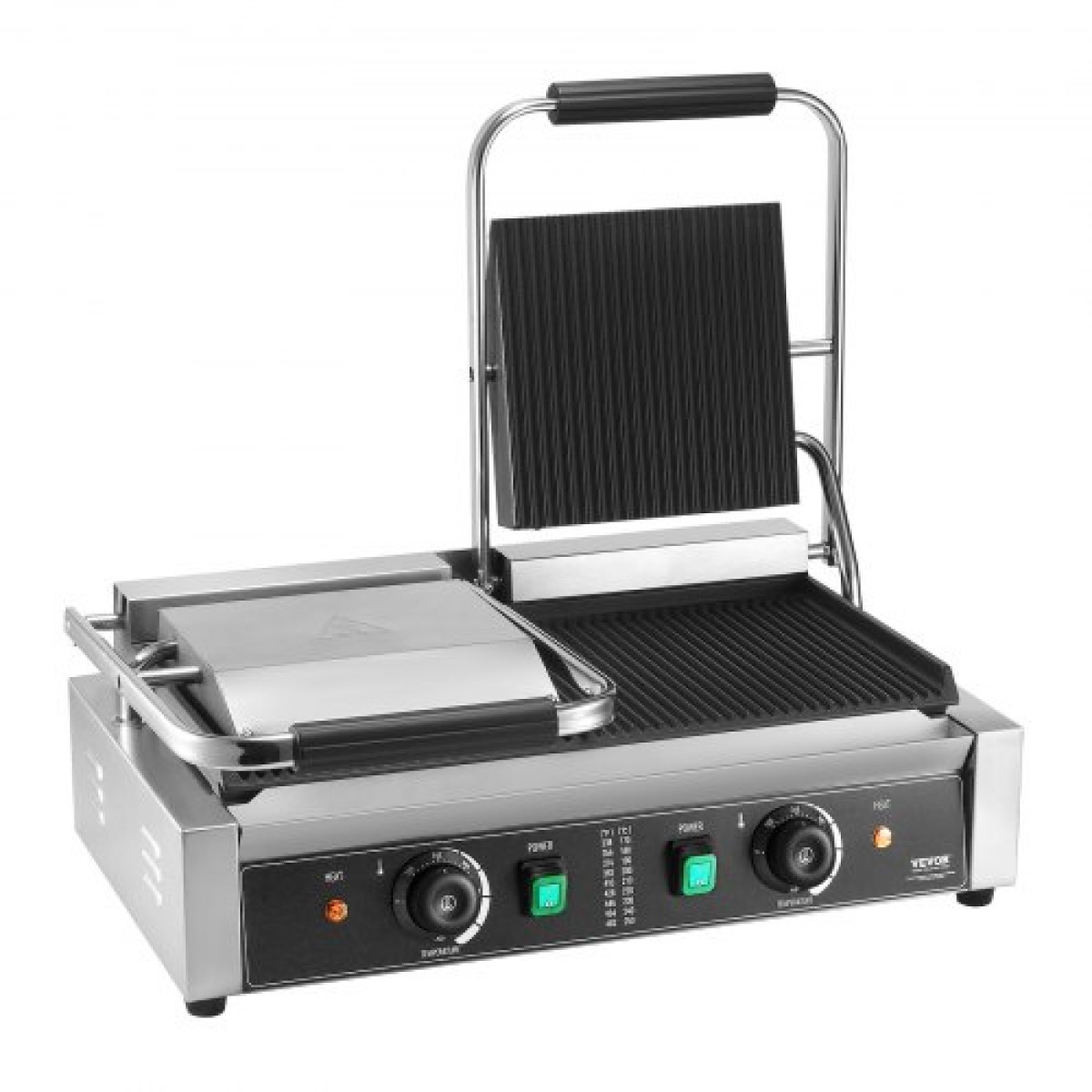 Εμπορική σχάρα Panini VEVOR, Ηλεκτρικό σάντουιτς Panini Maker 3600W, Ανοξείδωτη πρέσα διπλής σάντουιτς, Panini Grill Temp Control, 48x23cm Πλήρης αυλάκωση εμαγιέ, για μπριζόλα χάμπουργκερ μπέικον