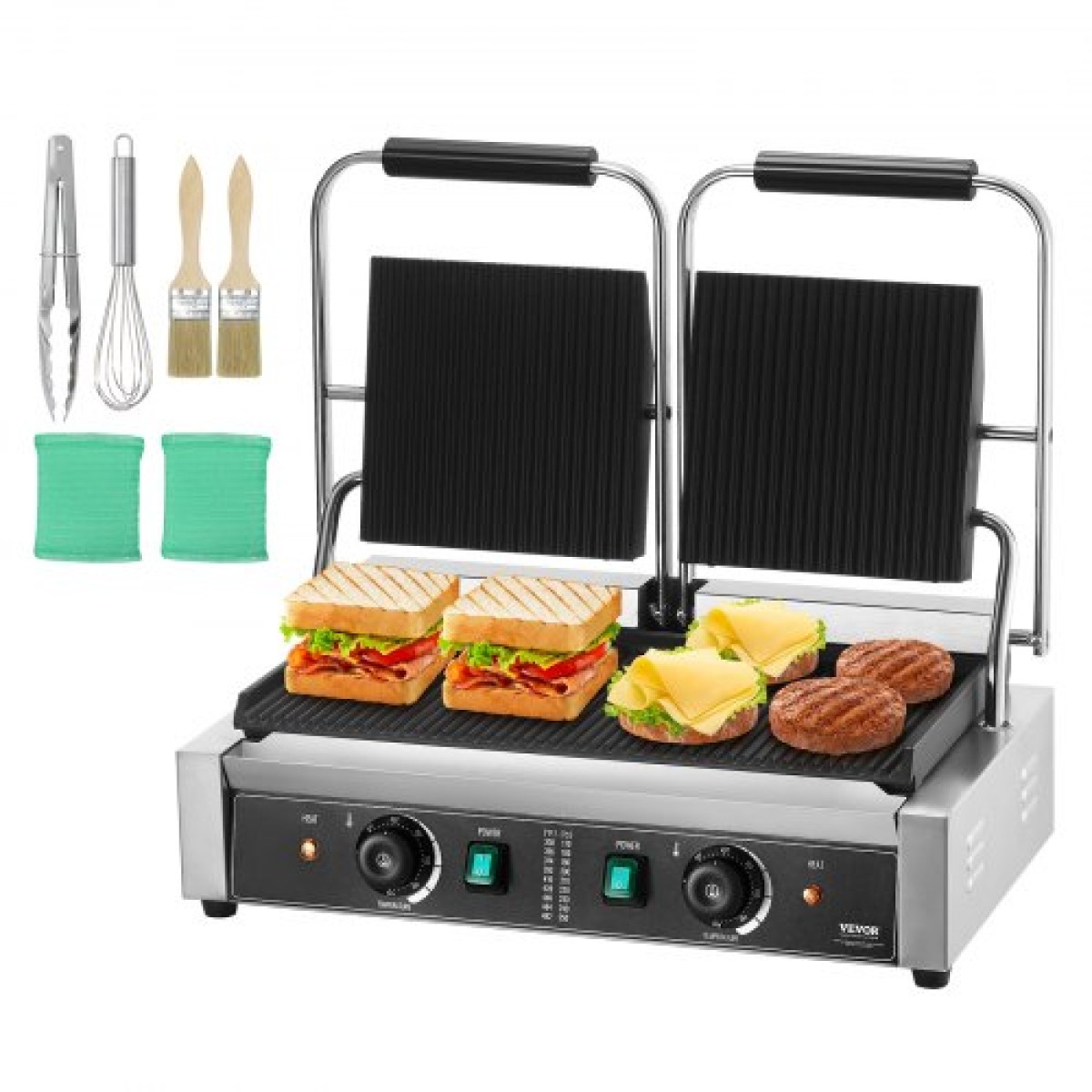 Εμπορική σχάρα Panini VEVOR, Ηλεκτρικό σάντουιτς Panini Maker 3600W, Ανοξείδωτη πρέσα διπλής σάντουιτς, Panini Grill Temp Control, 48x23cm Πλήρης αυλάκωση εμαγιέ, για μπριζόλα χάμπουργκερ μπέικον
