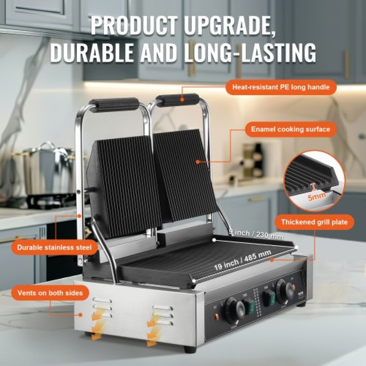 Εμπορική σχάρα Panini VEVOR, Ηλεκτρικό σάντουιτς Panini Maker 3600W, Ανοξείδωτη πρέσα διπλής σάντουιτς, Panini Grill Temp Control, 48x23cm Πλήρης αυλάκωση εμαγιέ, για μπριζόλα χάμπουργκερ μπέικον