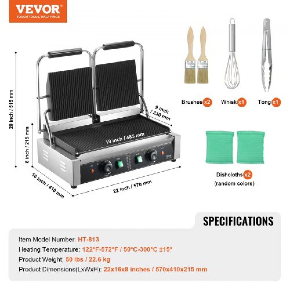 Εμπορική σχάρα Panini VEVOR, Ηλεκτρικό σάντουιτς Panini Maker 3600W, Ανοξείδωτη πρέσα διπλής σάντουιτς, Panini Grill Temp Control, 48x23cm Πλήρης αυλάκωση εμαγιέ, για μπριζόλα χάμπουργκερ μπέικον