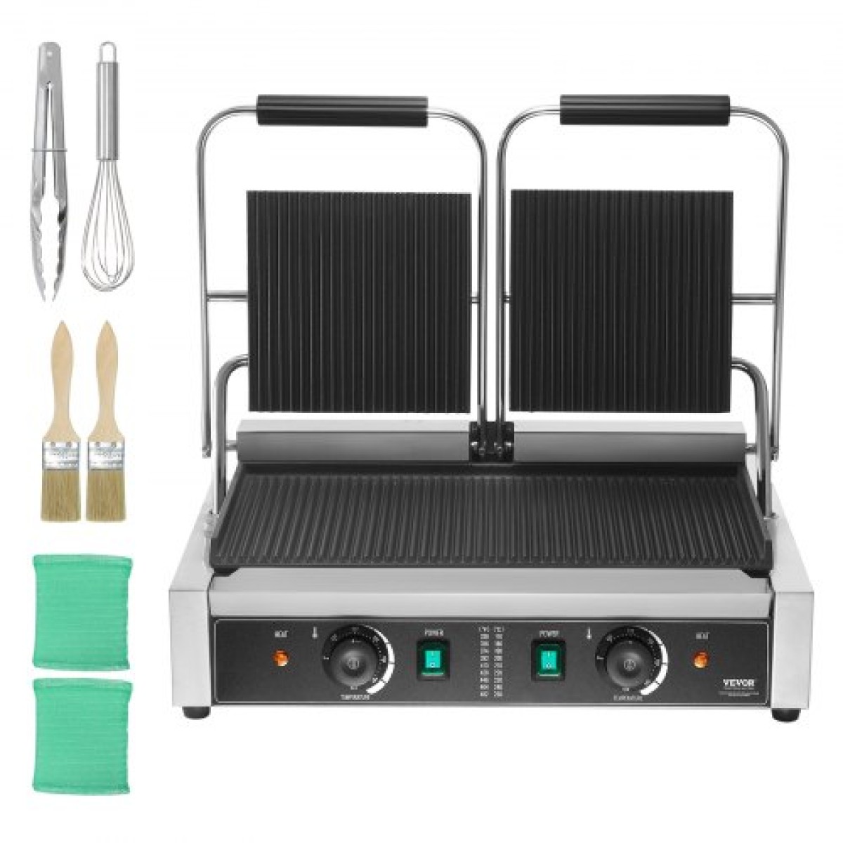 Εμπορική σχάρα Panini VEVOR, Ηλεκτρικό σάντουιτς Panini Maker 3600W, Ανοξείδωτη πρέσα διπλής σάντουιτς, Panini Grill Temp Control, 48x23cm Πλήρης αυλάκωση εμαγιέ, για μπριζόλα χάμπουργκερ μπέικον