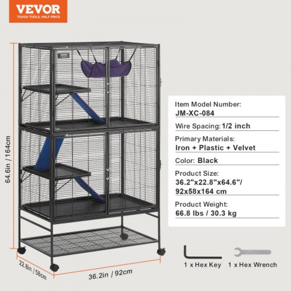 VEVOR 164,1 cm Μεταλλικό κλουβί για μικρά ζώα Κλουβί κουνάβι 4 επιπέδων με ράμπες δίσκου 3