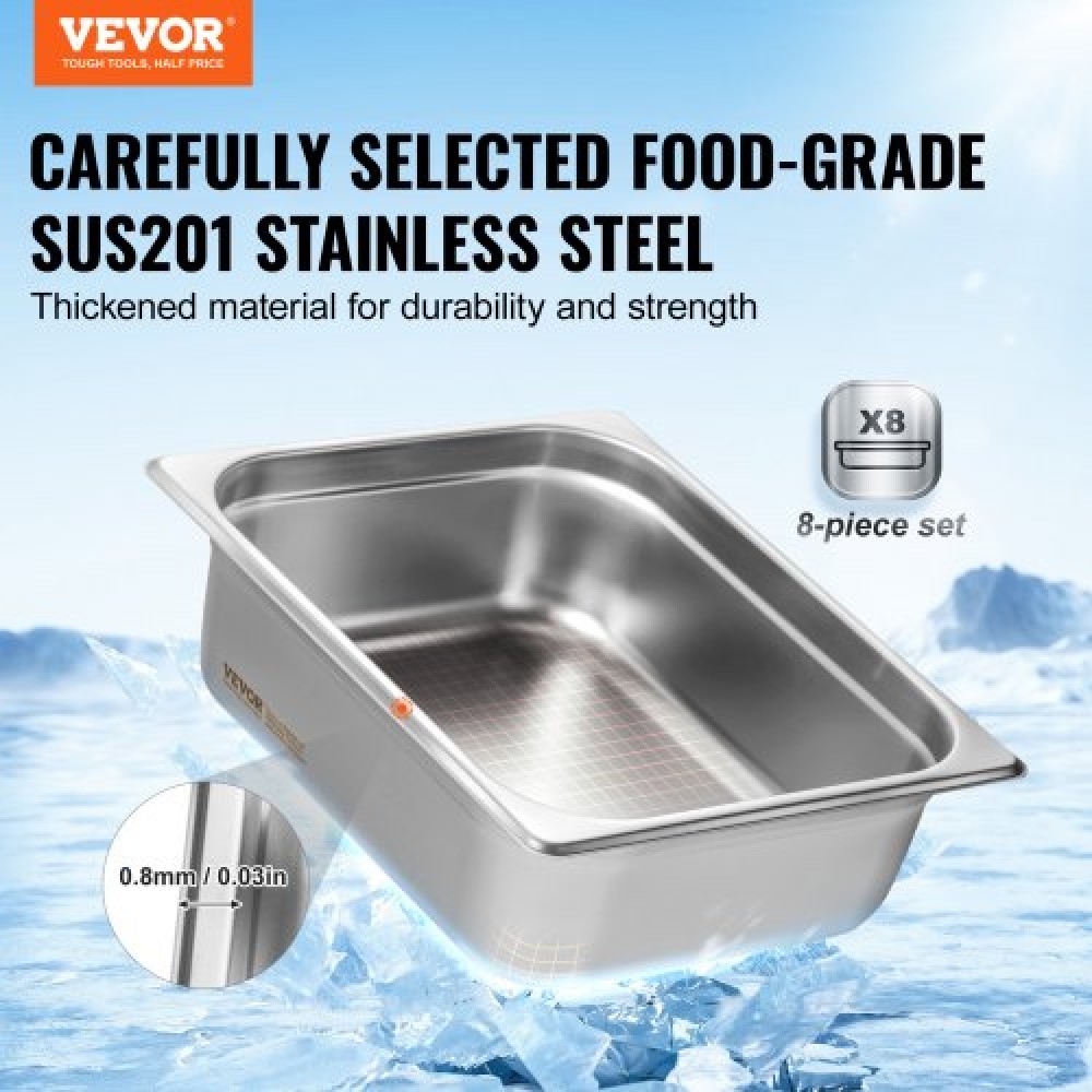 VEVOR 8 Pack Pans Hotel, 1/2 Size Anti-Jam Steam Pan with Kap, πάχους 0,8mm από ανοξείδωτο ατσάλι Επιτραπέζιο τηγάνι ατμού 4 ιντσών, Εμπορικό τηγάνι 4 ιντσών, Αποθηκευτικό τηγάνι τροφοδοσίας, για βιομηχανικό και επιστημονικό