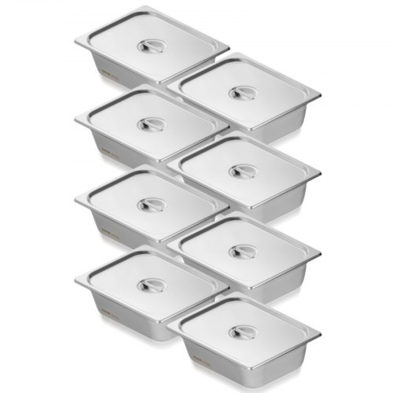 VEVOR 8 Pack Pans Hotel, 1/2 Size Anti-Jam Steam Pan with Kap, πάχους 0,8mm από ανοξείδωτο ατσάλι Επιτραπέζιο τηγάνι ατμού 4 ιντσών, Εμπορικό τηγάνι 4 ιντσών, Αποθηκευτικό τηγάνι τροφοδοσίας, για βιομηχανικό και επιστημονικό