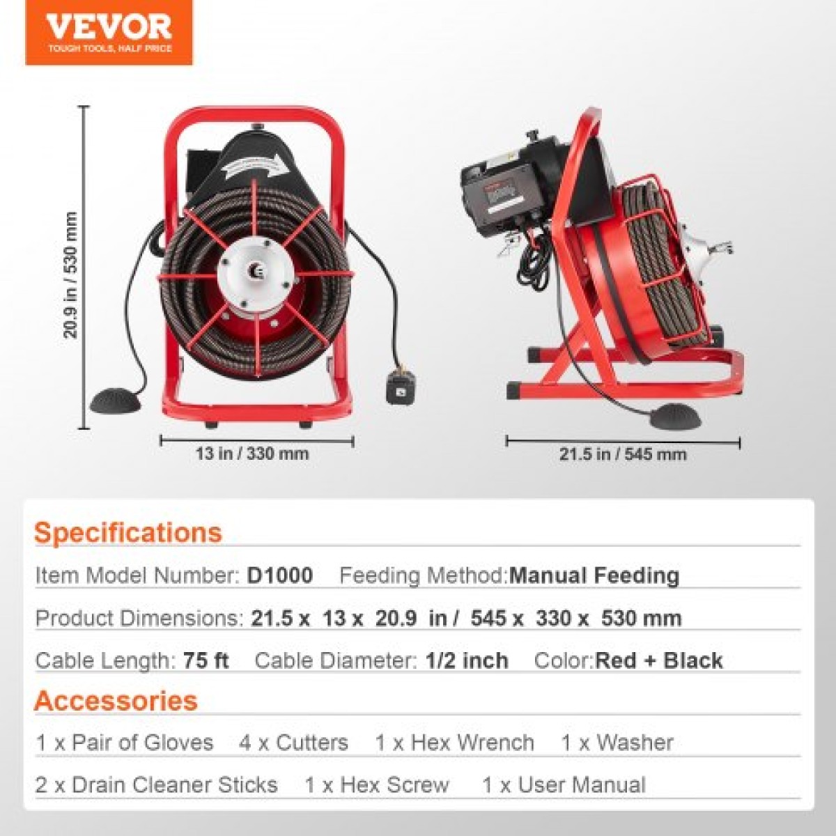 Μηχάνημα καθαρισμού αποχέτευσης VEVOR 23m x 13mm, Χειροκίνητη τροφοδοσία Sewer Snake Auger with 4 Cutters & ποδοδιακόπτης που ενεργοποιείται με αέρα για σωλήνες 50mm έως 150mm