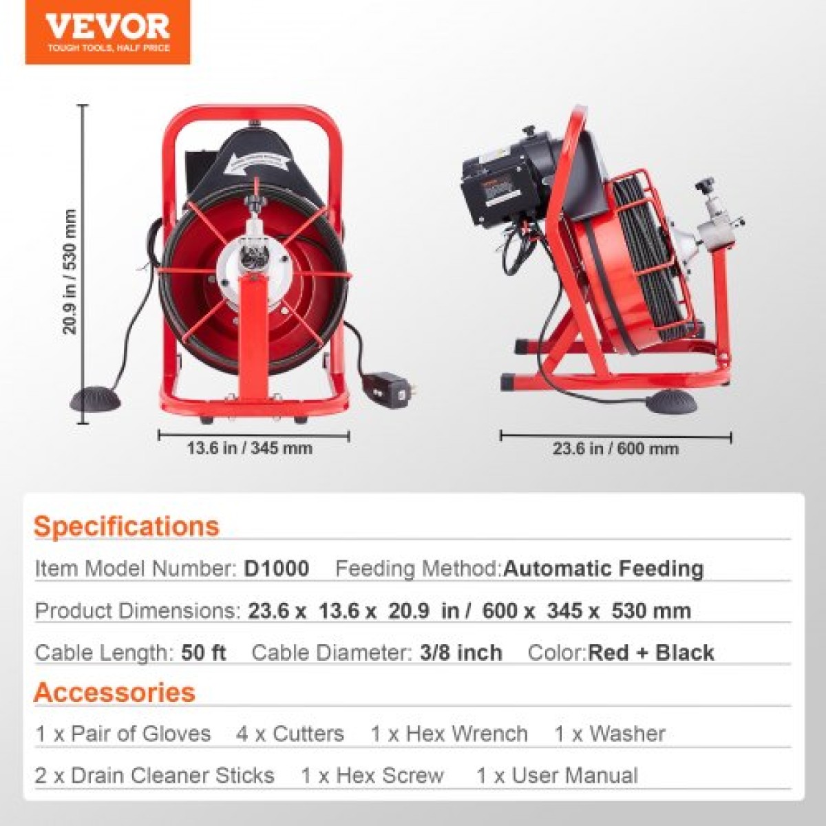 Μηχάνημα καθαρισμού αποχέτευσης VEVOR 15m x 8mm, Αυτόματη τροφοδοσία αποχετευτικού τρυπανιού φιδιού με 4 κόφτες & διακόπτης ποδιών με λειτουργία αέρα για σωλήνες 50mm έως 100mm