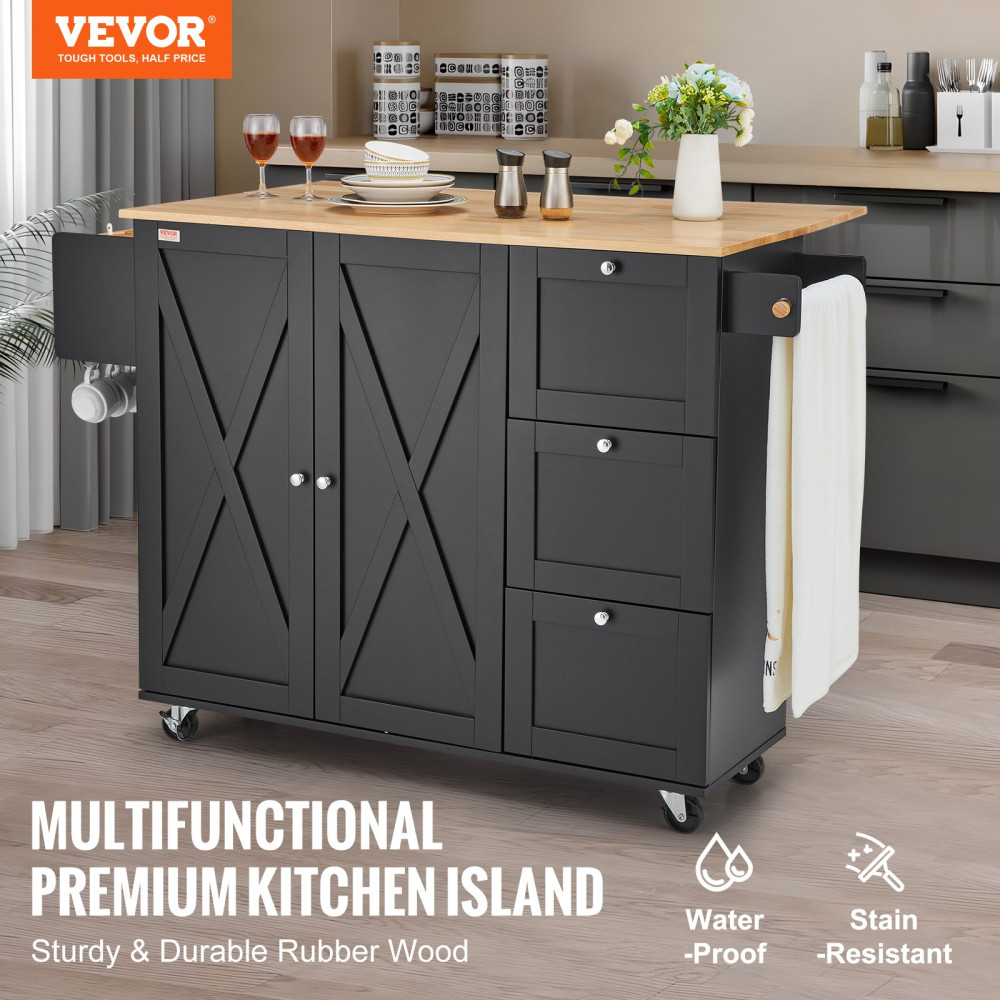 VEVOR Kitchen Island Cart, Ξύλινα κινητά καρότσια 56" με ντουλάπι αποθήκευσης, Τραπέζι με σταγονόφυλλο, ράφι μπαχαρικών, μπάρα πετσετών, ρυθμιζόμενο ράφι, συρτάρι και γάντζους, φορητά νησιά σε ρόδες, μαύρο