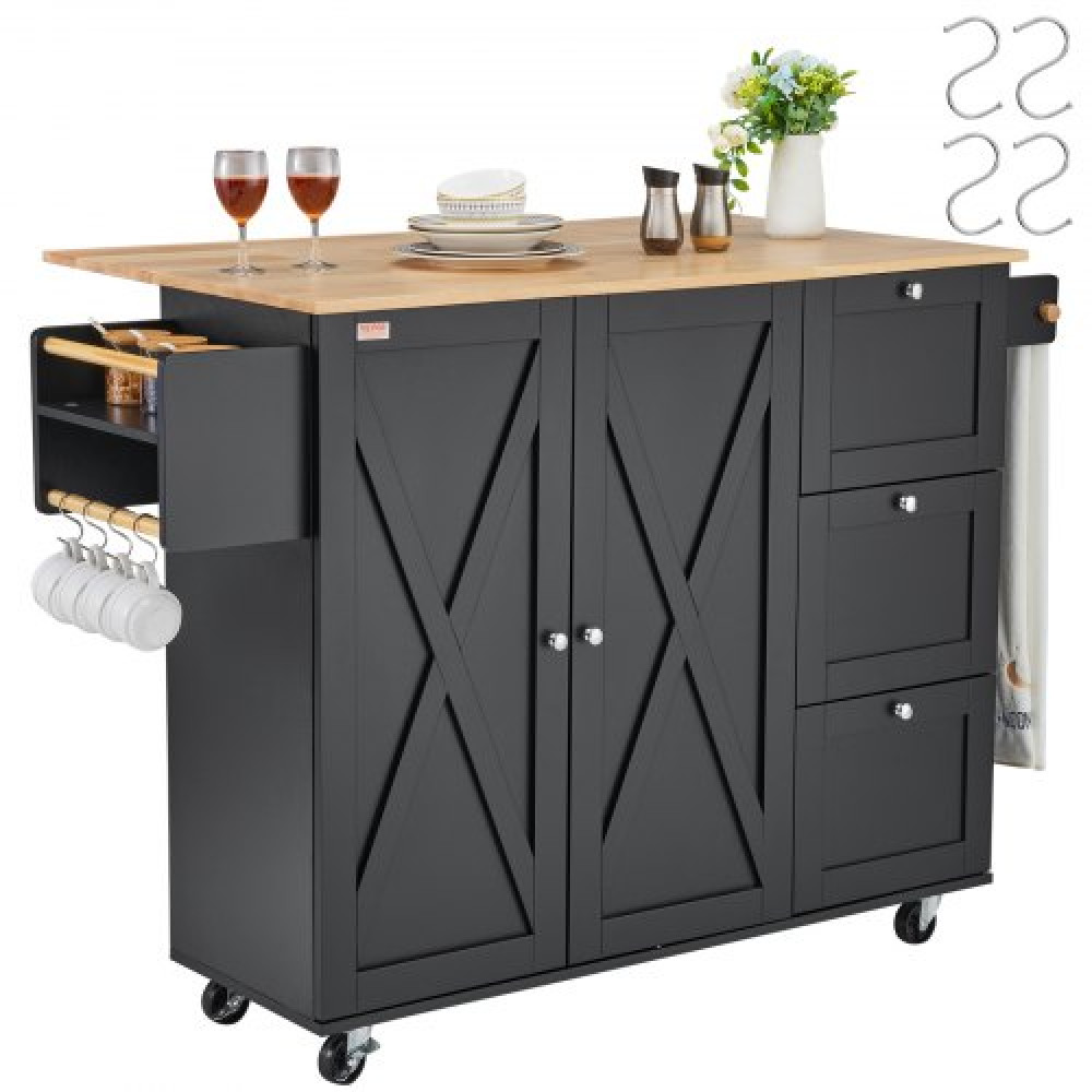 VEVOR Kitchen Island Cart, Ξύλινα κινητά καρότσια 56" με ντουλάπι αποθήκευσης, Τραπέζι με σταγονόφυλλο, ράφι μπαχαρικών, μπάρα πετσετών, ρυθμιζόμενο ράφι, συρτάρι και γάντζους, φορητά νησιά σε ρόδες, μαύρο