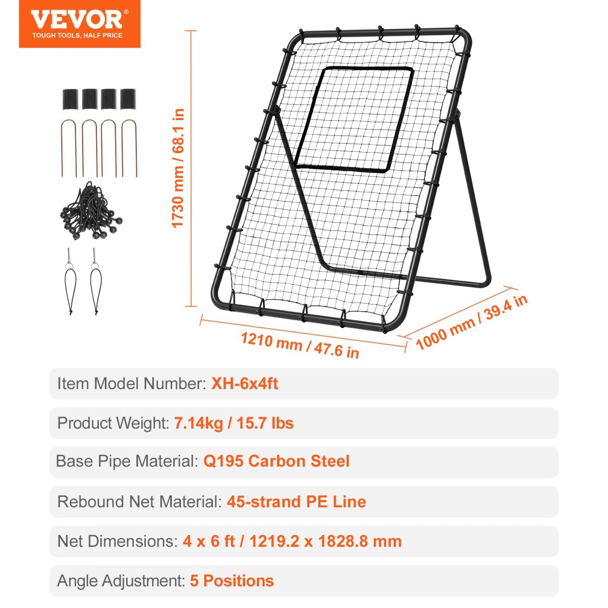 VEVOR Baseball And Softball Rebounder Net, 4 x 6 Feet PitchBack Baseball Nest for Pitching and Fielding Training, Pitch Return Trainer Rebound Net με Pitching Target, 4 ρυθμιζόμενες γωνίες