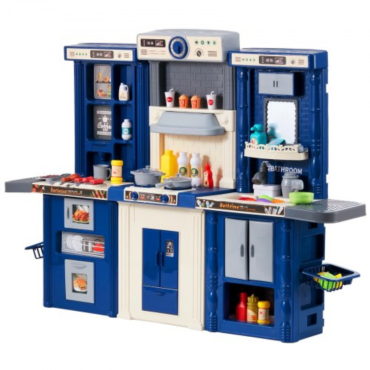 VEVOR Kids Kitchen Playset, 3-in-1 Toddler Kitchen with Simulated Spray, Sounds and Lights, Play Kitchen Set with 74 τμχ Σετ αξεσουάρ μαγειρικής για νήπια, παιδιά προσχολικής ηλικίας, παιδιά 3-8 ετών, μπλε