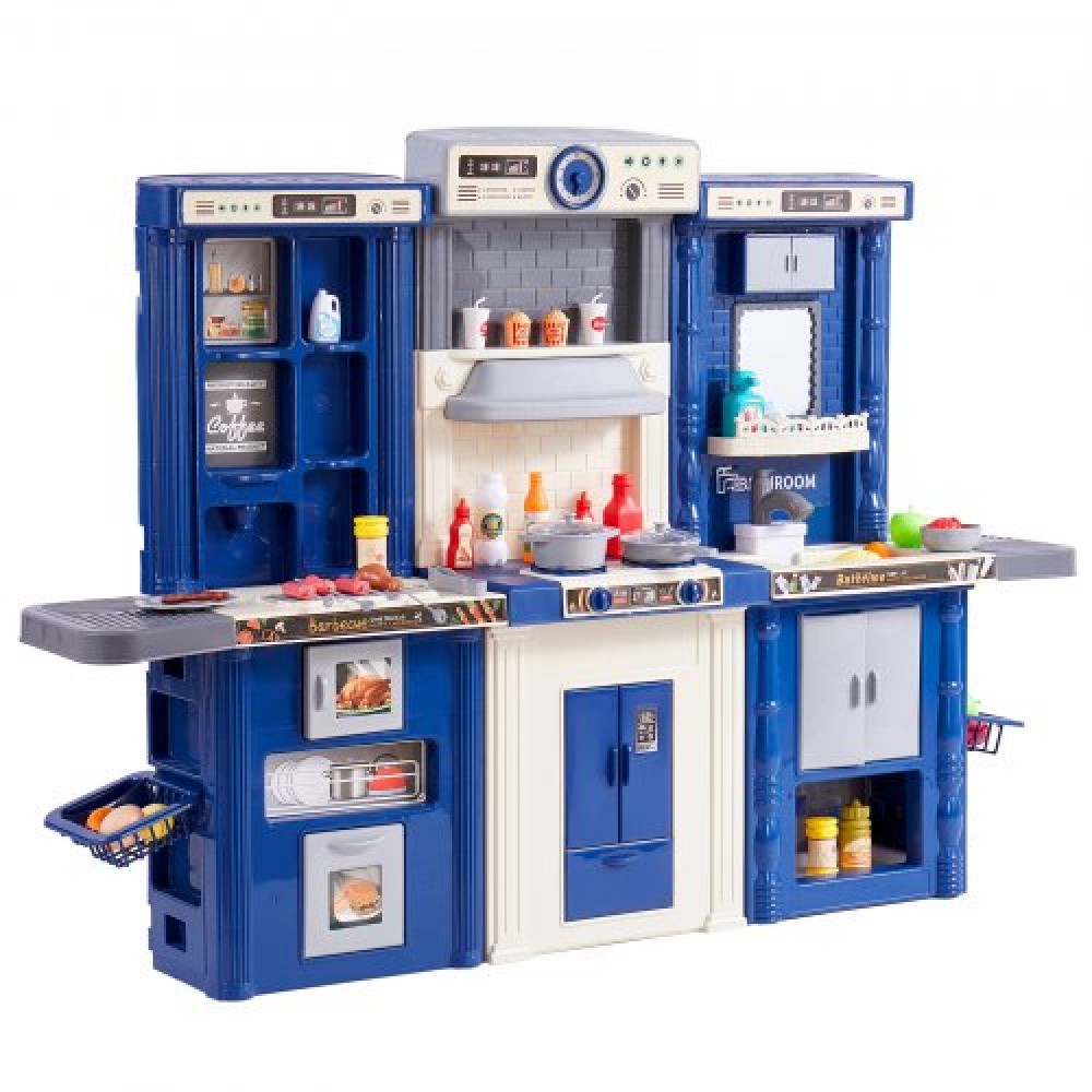 VEVOR Kids Kitchen Playset, 3-in-1 Toddler Kitchen with Simulated Spray, Sounds and Lights, Play Kitchen Set with 74 τμχ Σετ αξεσουάρ μαγειρικής για νήπια, παιδιά προσχολικής ηλικίας, παιδιά 3-8 ετών, μπλε