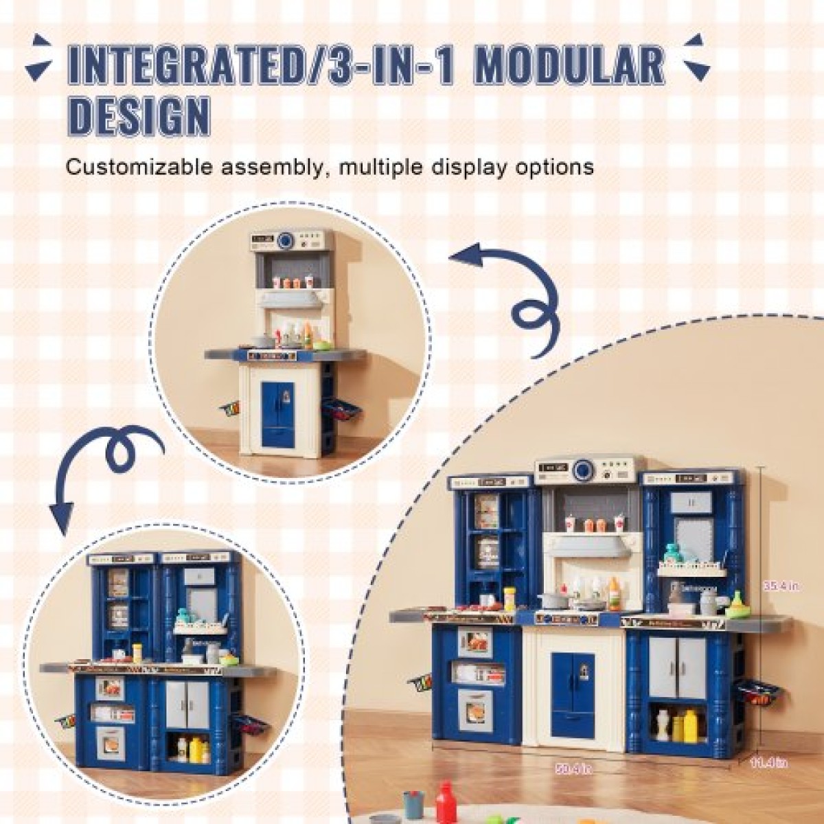 VEVOR Kids Kitchen Playset, 3-in-1 Toddler Kitchen with Simulated Spray, Sounds and Lights, Play Kitchen Set with 74 τμχ Σετ αξεσουάρ μαγειρικής για νήπια, παιδιά προσχολικής ηλικίας, παιδιά 3-8 ετών, μπλε