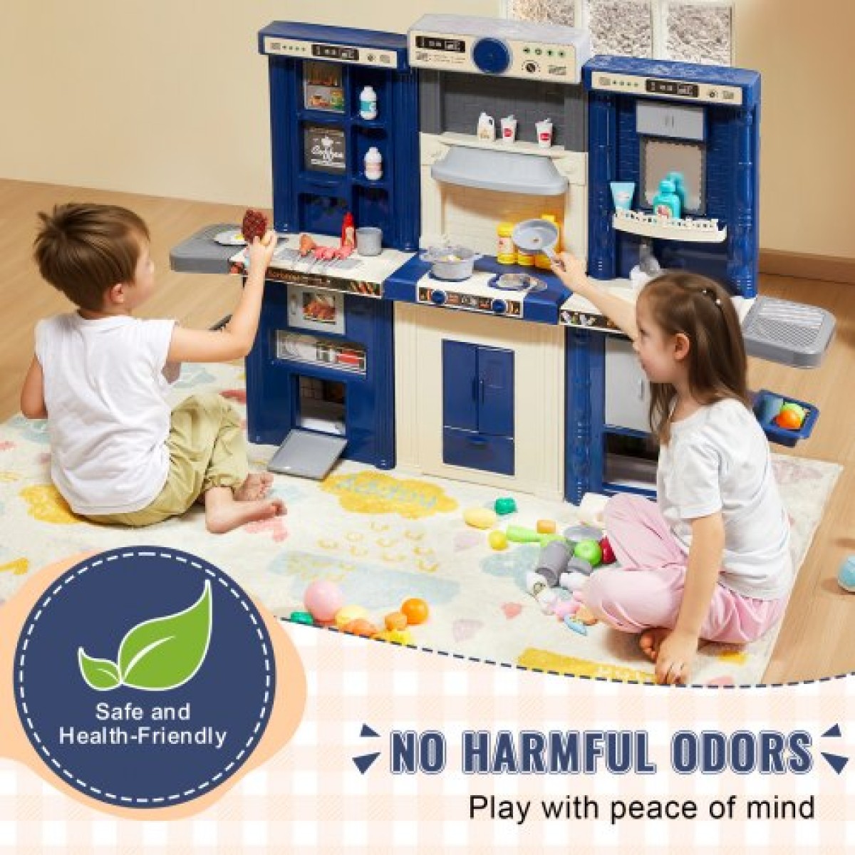 VEVOR Kids Kitchen Playset, 3-in-1 Toddler Kitchen with Simulated Spray, Sounds and Lights, Play Kitchen Set with 74 τμχ Σετ αξεσουάρ μαγειρικής για νήπια, παιδιά προσχολικής ηλικίας, παιδιά 3-8 ετών, μπλε