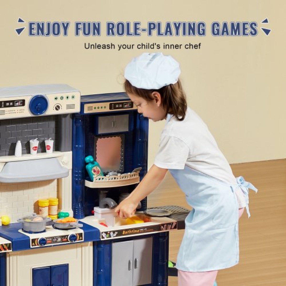 VEVOR Kids Kitchen Playset, 3-in-1 Toddler Kitchen with Simulated Spray, Sounds and Lights, Play Kitchen Set with 74 τμχ Σετ αξεσουάρ μαγειρικής για νήπια, παιδιά προσχολικής ηλικίας, παιδιά 3-8 ετών, μπλε