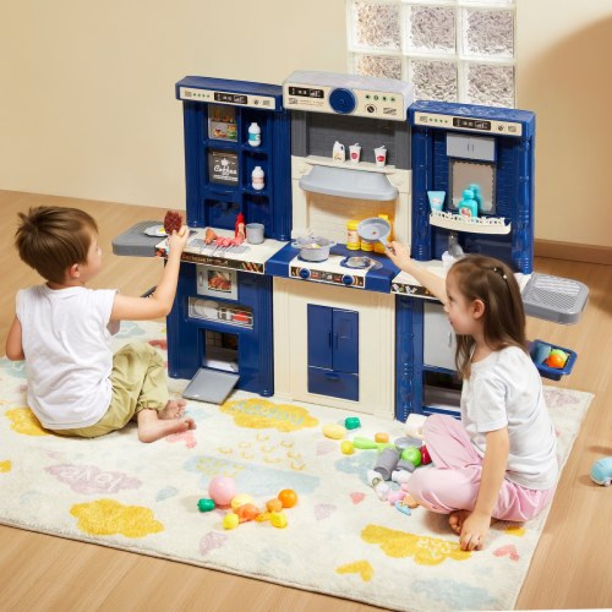 VEVOR Kids Kitchen Playset, 3-in-1 Toddler Kitchen with Simulated Spray, Sounds and Lights, Play Kitchen Set with 74 τμχ Σετ αξεσουάρ μαγειρικής για νήπια, παιδιά προσχολικής ηλικίας, παιδιά 3-8 ετών, μπλε