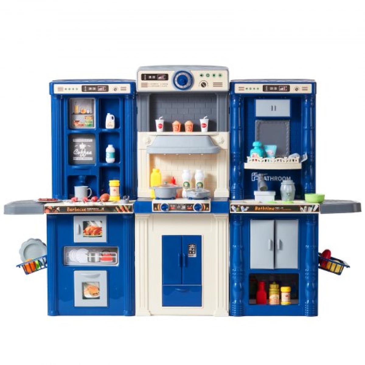 VEVOR Kids Kitchen Playset, 3-in-1 Toddler Kitchen with Simulated Spray, Sounds and Lights, Play Kitchen Set with 74 τμχ Σετ αξεσουάρ μαγειρικής για νήπια, παιδιά προσχολικής ηλικίας, παιδιά 3-8 ετών, μπλε