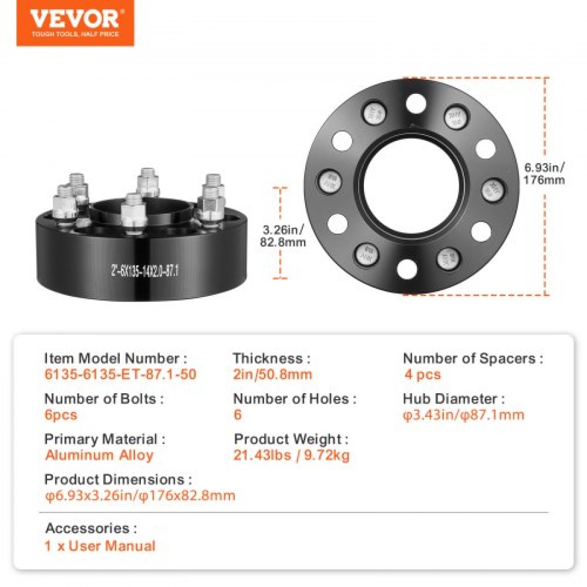 VEVOR Wheel Spacers, 2" 6"x5.3" Wheel Adapters, 6 Lug Forged Spacer, 87,1 mm Bore Hubcentric M14 x2 Studs Spacers, Fit for Ford Expedition, F150, Lincoln Navigator, 4 ΤΕΜ Μαύρο