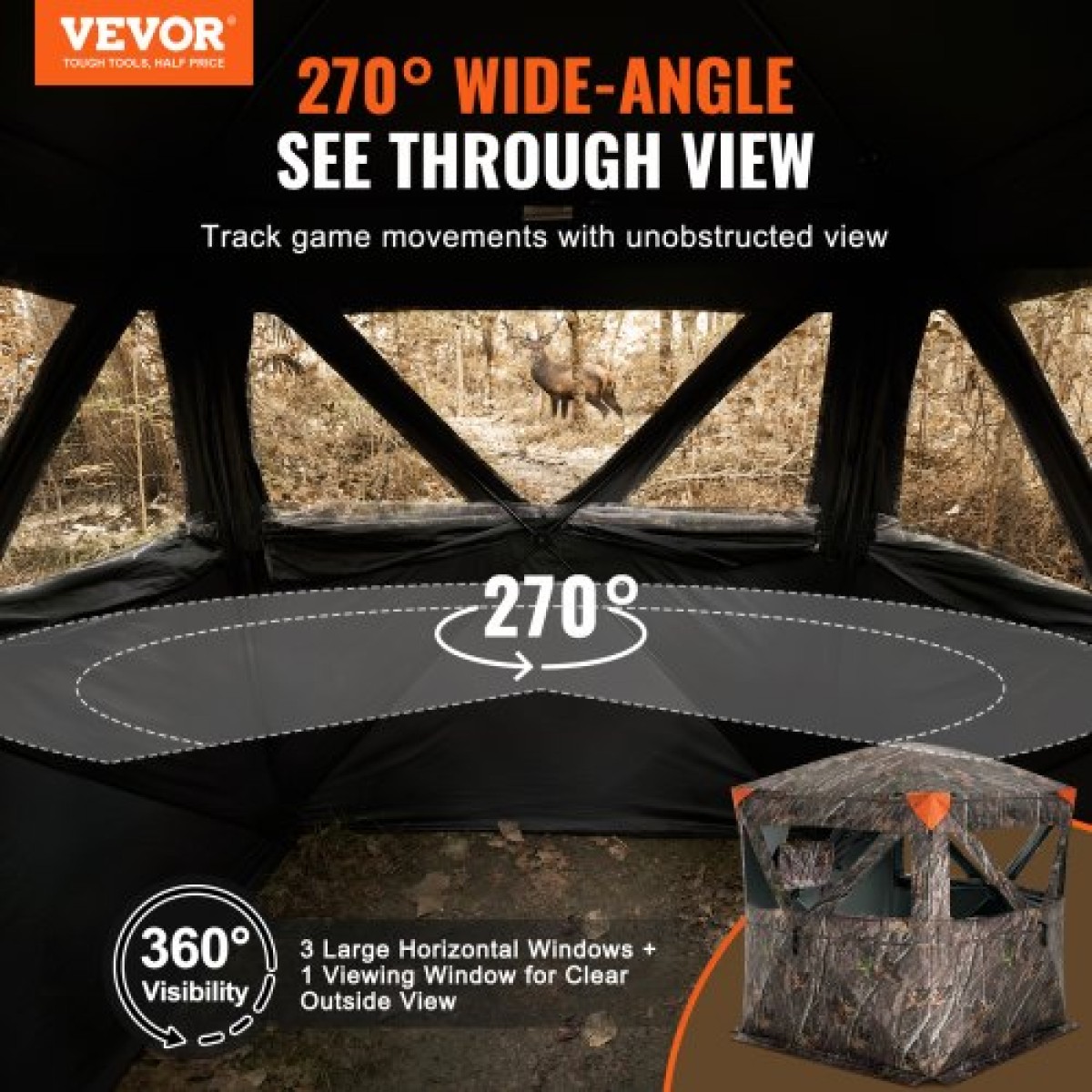 VEVOR Hunting Blind, 270° Ground Blind, Pop Up Deer Blind 2-3 ατόμων για κυνήγι με τσάντα μεταφοράς, φορητή ελαστική σκηνή κυνηγιού, 3 οριζόντια παράθυρα για τη Τουρκία και το κυνήγι ελαφιού