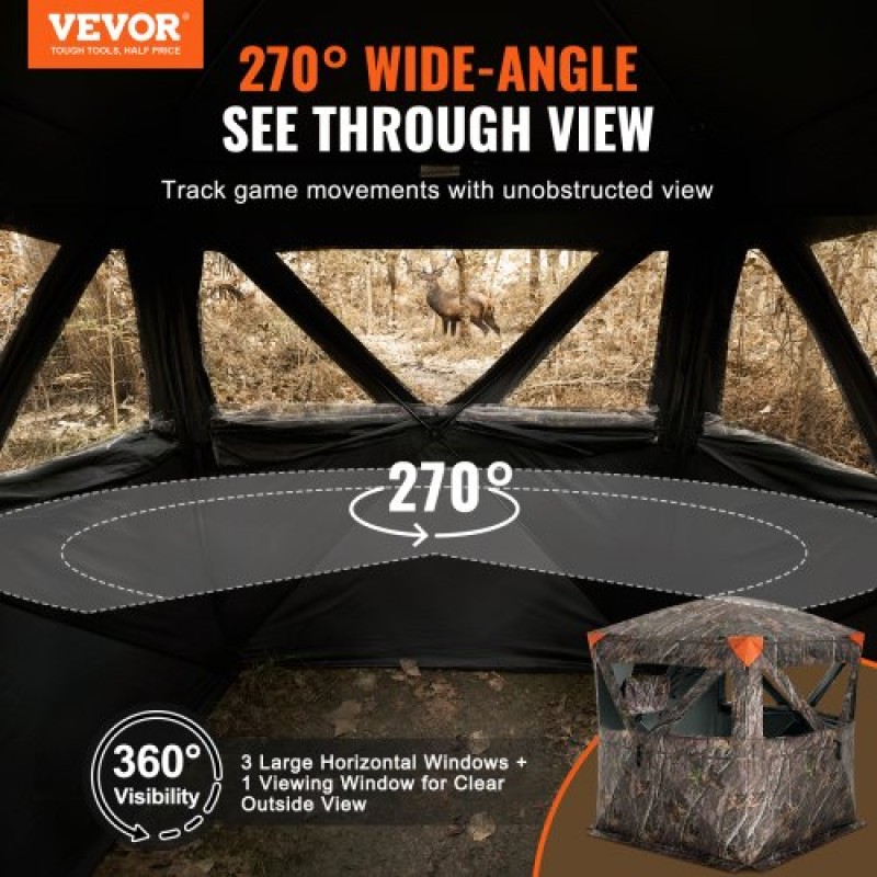 VEVOR Hunting Blind, 270° Ground Blind, Pop Up Deer Blind 2-3 ατόμων για κυνήγι με τσάντα μεταφοράς, φορητή ελαστική σκηνή κυνηγιού, 3 οριζόντια παράθυρα για τη Τουρκία και το κυνήγι ελαφιού