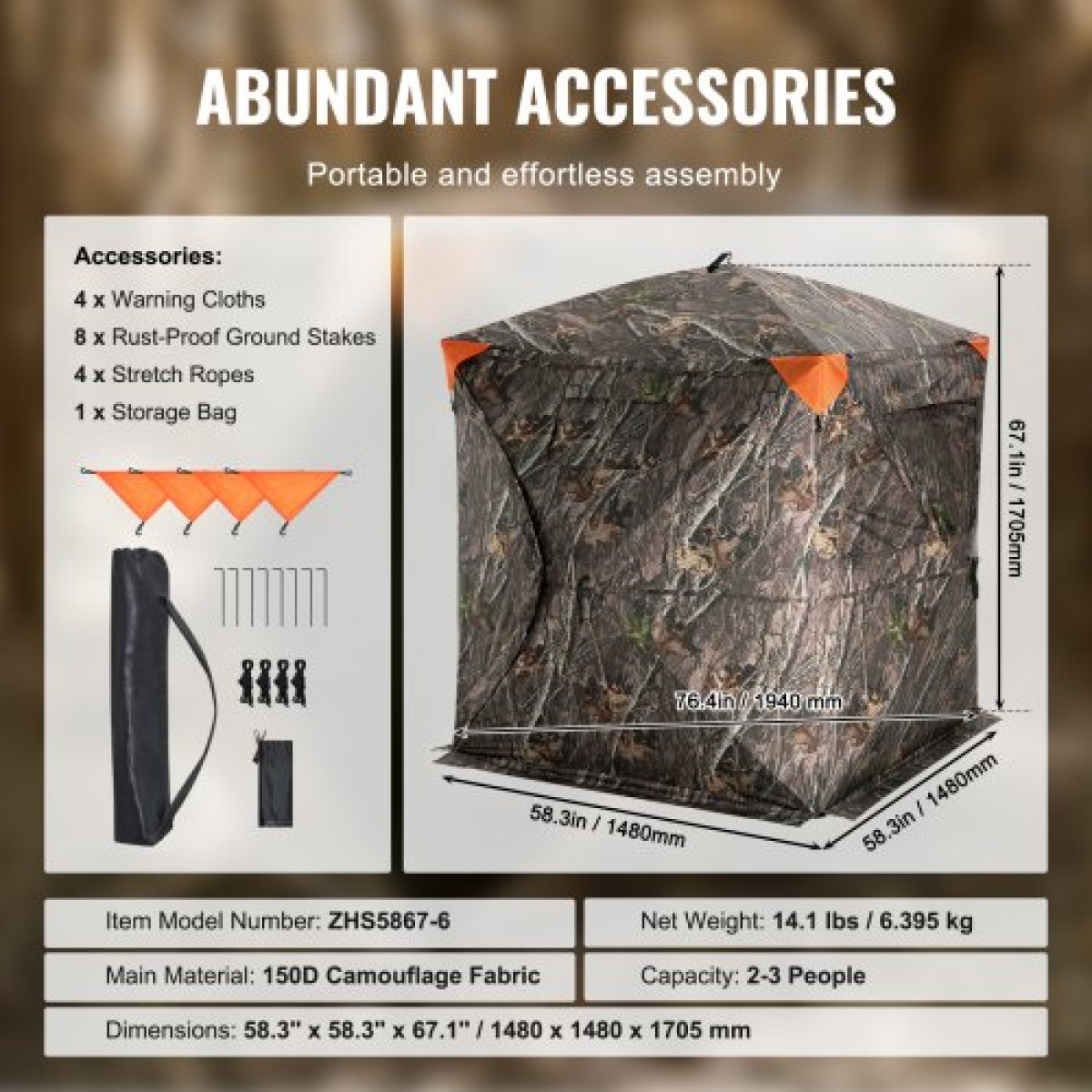 VEVOR Hunting Blind, 270° Ground Blind, Pop Up Deer Blind 2-3 ατόμων για κυνήγι με τσάντα μεταφοράς, φορητή ελαστική σκηνή κυνηγιού, 3 οριζόντια παράθυρα για τη Τουρκία και το κυνήγι ελαφιού