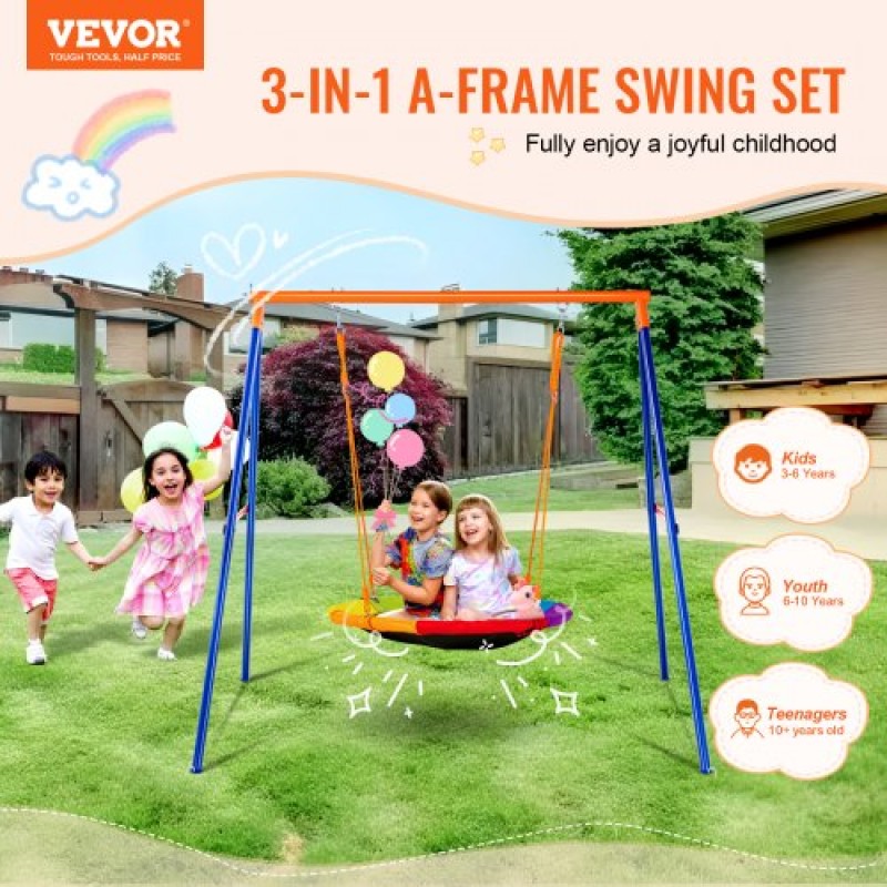 Σετ Swing VEVOR για πίσω αυλή, σετ ταλάντευσης χωρητικότητας 440 lbs, 40" Swing κάθισμα πιατάκι με μεταλλική βάση βαρέως τύπου A-πλαισίου και ρυθμιζόμενο σχοινί, εύκολο στη συναρμολόγηση, σετ αιώρησης εξωτερικού χώρου για παιδιά