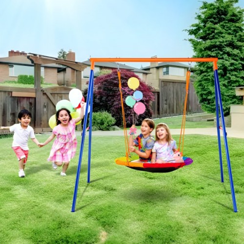 Σετ Swing VEVOR για πίσω αυλή, σετ ταλάντευσης χωρητικότητας 440 lbs, 40" Swing κάθισμα πιατάκι με μεταλλική βάση βαρέως τύπου A-πλαισίου και ρυθμιζόμενο σχοινί, εύκολο στη συναρμολόγηση, σετ αιώρησης εξωτερικού χώρου για παιδιά