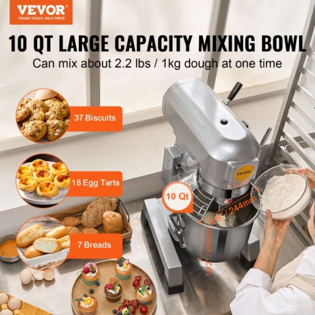 Μίξερ φαγητού VEVOR Commercial, 10L Commercial Stand Mixer με 3 Ρυθμιζόμενες ταχύτητες, 550W Ζυμίξερ με μπολ από ανοξείδωτο ατσάλι και 3 εξαρτήματα ανάμειξης, Ιδανικό για εστιατόριο, αρτοποιείο, ζαχαροπλαστείο, καφετέρια