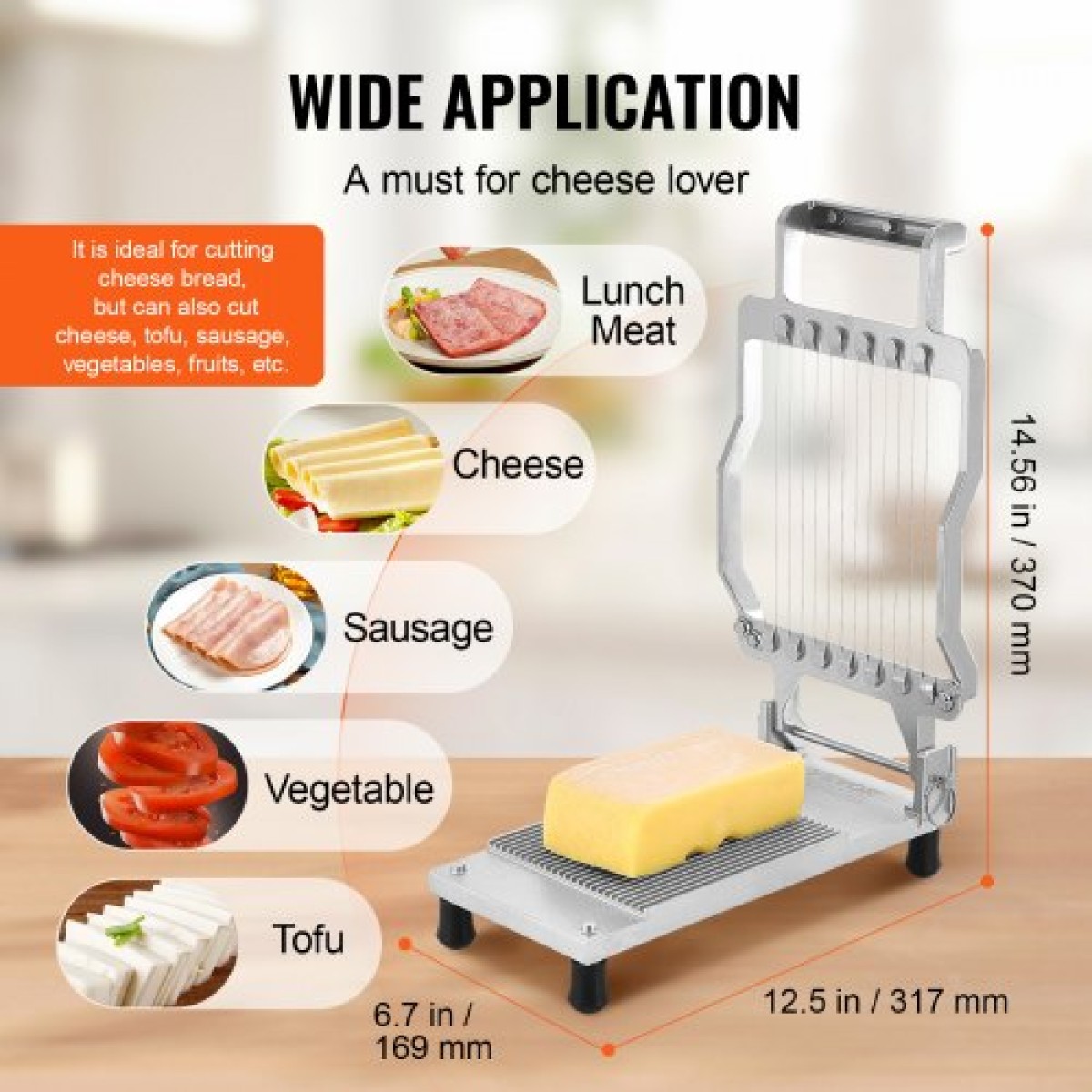 Τυροκόφτης VEVOR με σύρμα, 0,39" & 0,78" λεπίδα κοπής Cheeser Butter, Αποσπώμενο σύρμα κοπής τυριού, Εμπορικός κόφτης τυριών από κράμα αλουμινίου με σύρμα μαχαιριού από ανοξείδωτο ατσάλι 316, μαγείρεμα κουζίνας