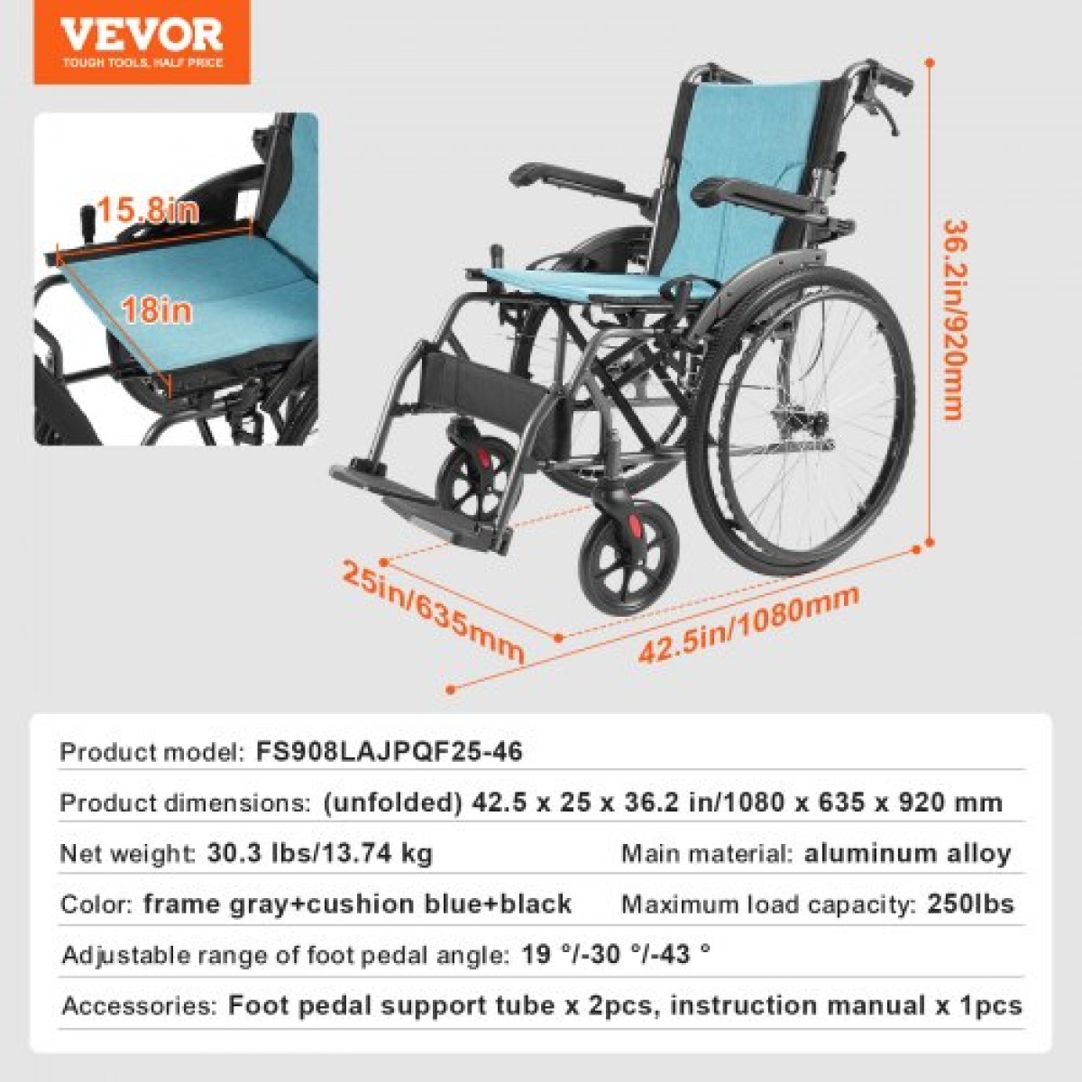 Αναπηρικό αμαξίδιο VEVOR, εξαιρετικά ελαφριά αναπηρικά καροτσάκια από ανθεκτικό κράμα αλουμινίου, φορητό αναπηρικό αμαξίδιο με αναδιπλούμενο γραφείο-μήκος βραχίονες, ρυθμιζόμενα στηρίγματα ποδιών 3 θέσεων, φαρδύ κάθισμα 18 ιντσών, χωρητικότητα βάρους 250 
