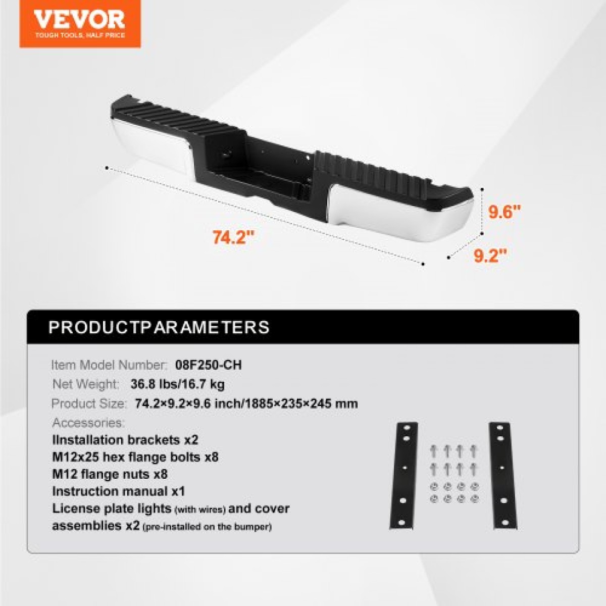 Πίσω προφυλακτήρας βήματος VEVOR, Συμβατός με 2008-2016-Ford F250/Ford F350 Super Duty, Πίσω προφυλακτήρας από χρώμιο χάλυβα, Ανταλλακτικό πίσω προφυλακτήρα συναρμολόγησης με φως πινακίδας κυκλοφορίας και τακάκια, για FO1103148