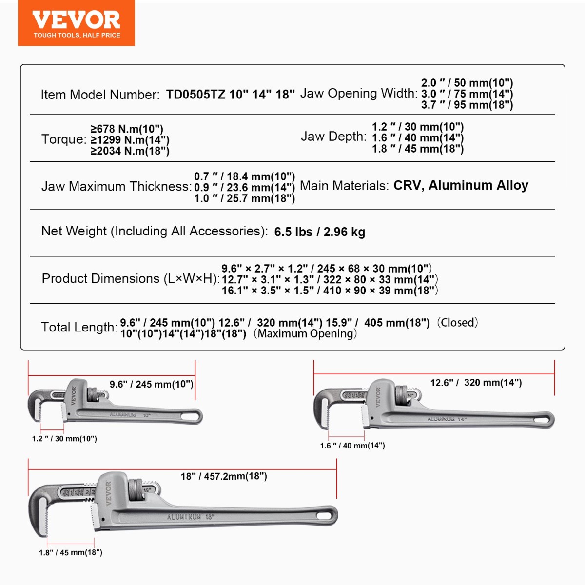 Σετ κλειδιού σωλήνων 3 τεμαχίων VEVOR, 10" 14" 18" ίσιο κλειδί αλουμινίου, ρυθμιζόμενο κλειδί υδραυλικών εγκαταστάσεων, με σιαγόνα υψηλής αντοχής και εργονομική λαβή, κρεμάσιμο σχέδιο, για σωλήνες νερού, επισκευές αυτοκινήτων