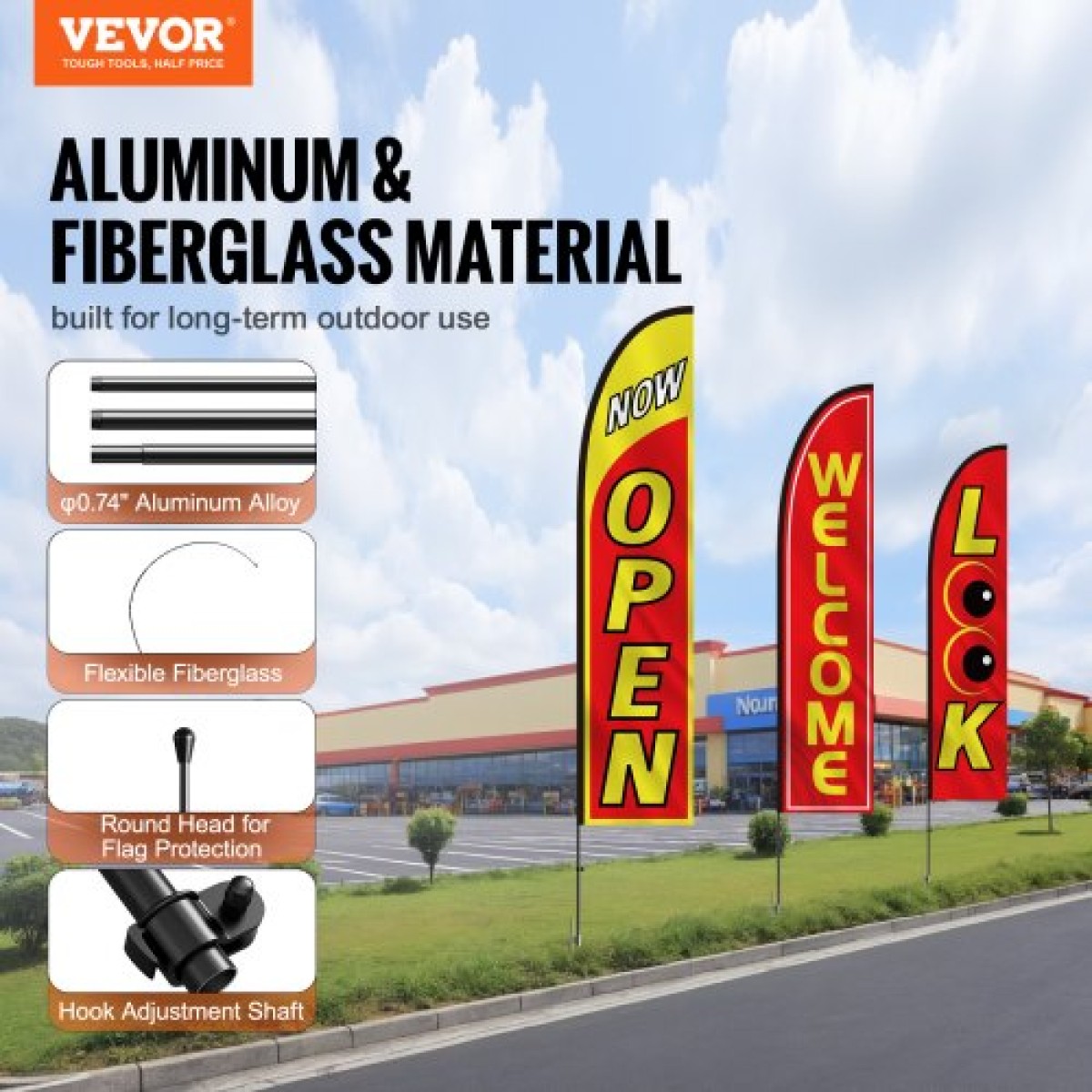 VEVOR Open Flags με Pole Kit, Advertising Flags για επιχειρήσεις εκτός, Advertising Feather Flag Kit, 3 Flags (Open, Look, Welcome), 3 Poles, 3 Ground Stakes, Swooper Flags για επιχειρήσεις 16,3 FT