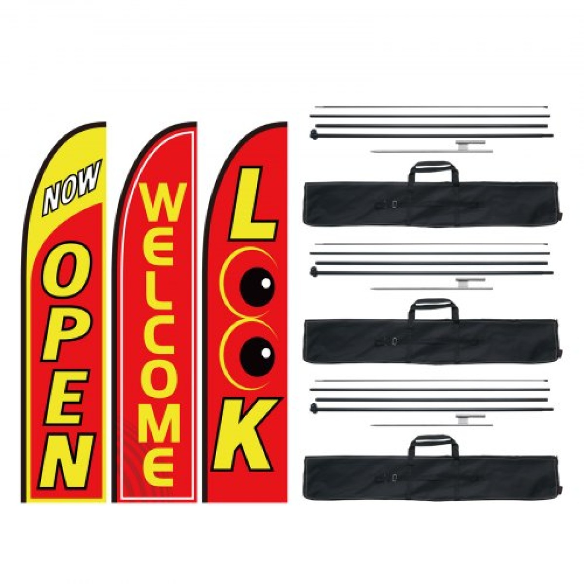 VEVOR Open Flags με Pole Kit, Advertising Flags για επιχειρήσεις εκτός, Advertising Feather Flag Kit, 3 Flags (Open, Look, Welcome), 3 Poles, 3 Ground Stakes, Swooper Flags για επιχειρήσεις 16,3 FT