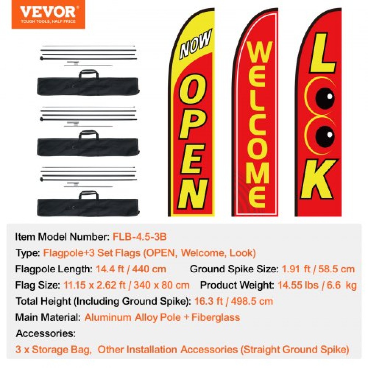 VEVOR Open Flags με Pole Kit, Advertising Flags για επιχειρήσεις εκτός, Advertising Feather Flag Kit, 3 Flags (Open, Look, Welcome), 3 Poles, 3 Ground Stakes, Swooper Flags για επιχειρήσεις 16,3 FT