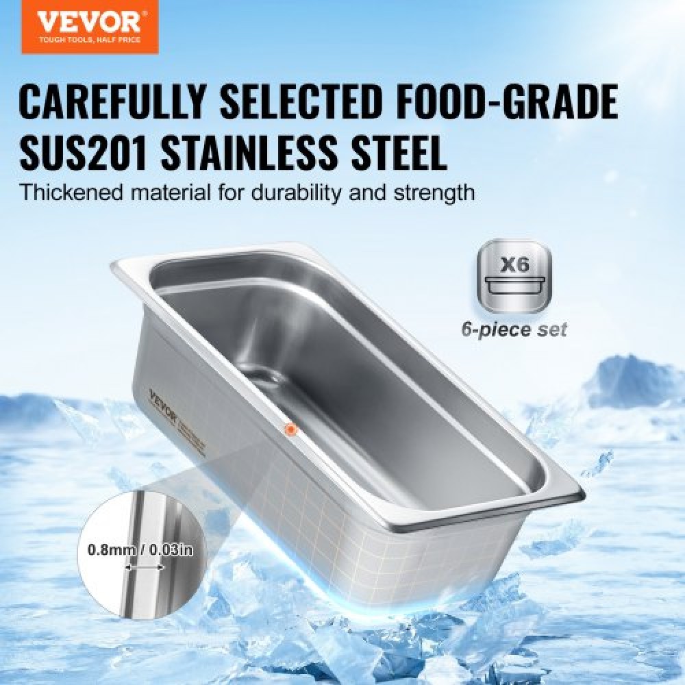 VEVOR 6 Pack Pans Hotel, 1/3 Size Anti-Jam Steam Pan, 0,8mm πάχος από ανοξείδωτο ατσάλι Επιτραπέζιο ταψί εστιατορίου, 4 ιντσών βαθύ εμπορικό επιτραπέζιο τηγάνι, τροφοδοσία αποθήκευσης τροφίμων, για βιομηχανική και επιστημονική