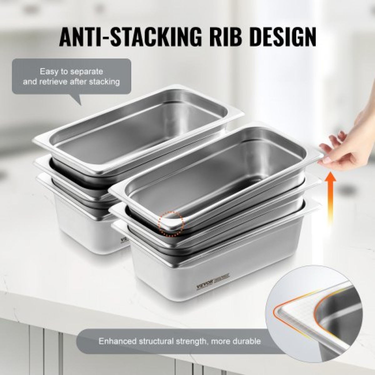 VEVOR 6 Pack Pans Hotel, 1/3 Size Anti-Jam Steam Pan, 0,8mm πάχος από ανοξείδωτο ατσάλι Επιτραπέζιο ταψί εστιατορίου, 4 ιντσών βαθύ εμπορικό επιτραπέζιο τηγάνι, τροφοδοσία αποθήκευσης τροφίμων, για βιομηχανική και επιστημονική
