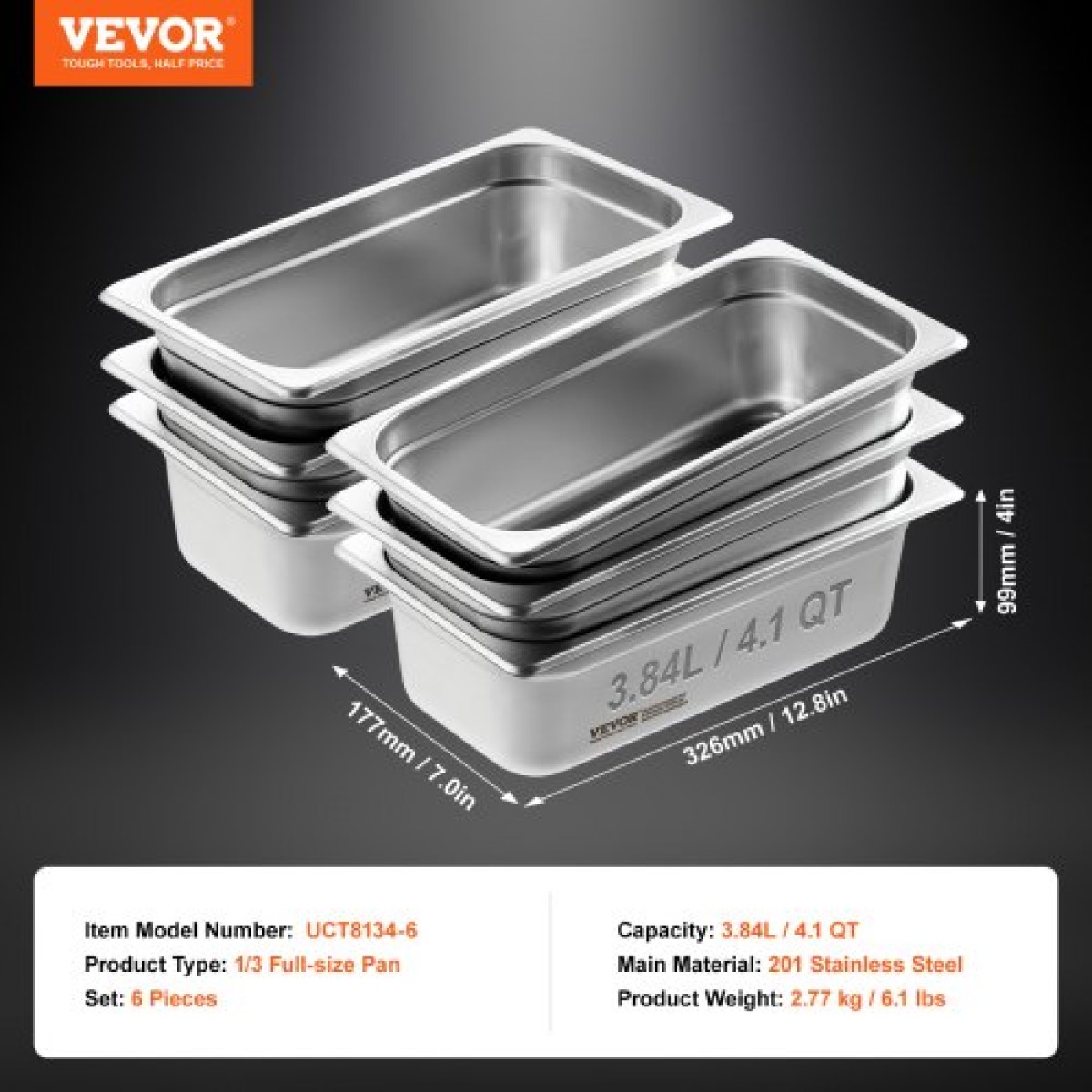 VEVOR 6 Pack Pans Hotel, 1/3 Size Anti-Jam Steam Pan, 0,8mm πάχος από ανοξείδωτο ατσάλι Επιτραπέζιο ταψί εστιατορίου, 4 ιντσών βαθύ εμπορικό επιτραπέζιο τηγάνι, τροφοδοσία αποθήκευσης τροφίμων, για βιομηχανική και επιστημονική