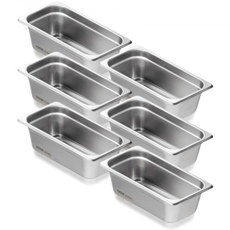 VEVOR 6 Pack Pans Hotel, 1/3 Size Anti-Jam Steam Pan, 0,8mm πάχος από ανοξείδωτο ατσάλι Επιτραπέζιο ταψί εστιατορίου, 4 ιντσών βαθύ εμπορικό επιτραπέζιο τηγάνι, τροφοδοσία αποθήκευσης τροφίμων, για βιομηχανική και επιστημονική