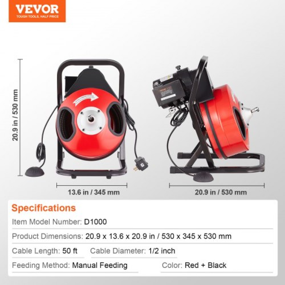Μηχάνημα καθαρισμού αποχέτευσης VEVOR 15m x 13mm, Χειροκίνητη τροφοδοσία αποχετευτικού τρυπανιού φιδιού με 4 κόφτες & διακόπτη ποδιού ενεργοποιούμενο με αέρα για σωλήνες 50mm έως 150mm