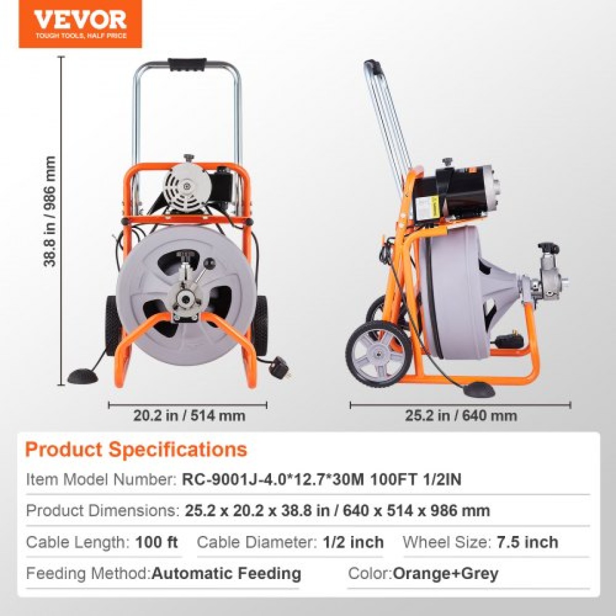 Μηχάνημα καθαρισμού αποχέτευσης VEVOR 30m x 13mm, Αυτόματη τροφοδοσία αποχετευτικών στραγγιστηρίων σε ρόδες, φορητό μηχάνημα καθαρισμού αποχέτευσης με 8 κόφτες & διακόπτης ποδιών με ενεργοποίηση αέρα για σωλήνες 50mm έως 150mm