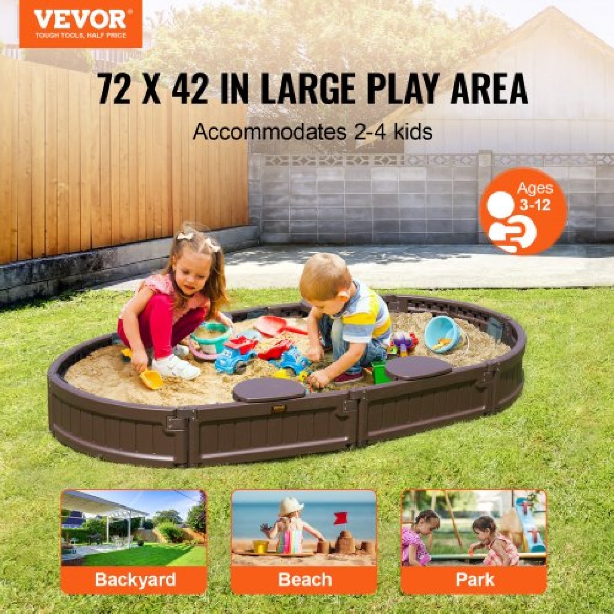 VEVOR Sandbox με κάλυμμα, 72 x 41,5 x 9,1 σε Oval Sand Box, HDPE Sand Pit με 4 γωνιακά καθίσματα και κάτω επένδυση, Παιδικό sandbox για υπαίθρια αυλή, παραλία, πάρκο, δώρο για αγόρια, κορίτσια 3-12 ετών, καφέ