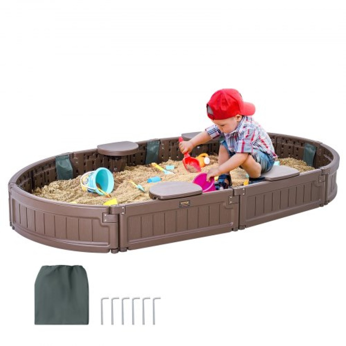 VEVOR Sandbox με κάλυμμα, 72 x 41,5 x 9,1 σε Oval Sand Box, HDPE Sand Pit με 4 γωνιακά καθίσματα και κάτω επένδυση, Παιδικό sandbox για υπαίθρια αυλή, παραλία, πάρκο, δώρο για αγόρια, κορίτσια 3-12 ετών, καφέ