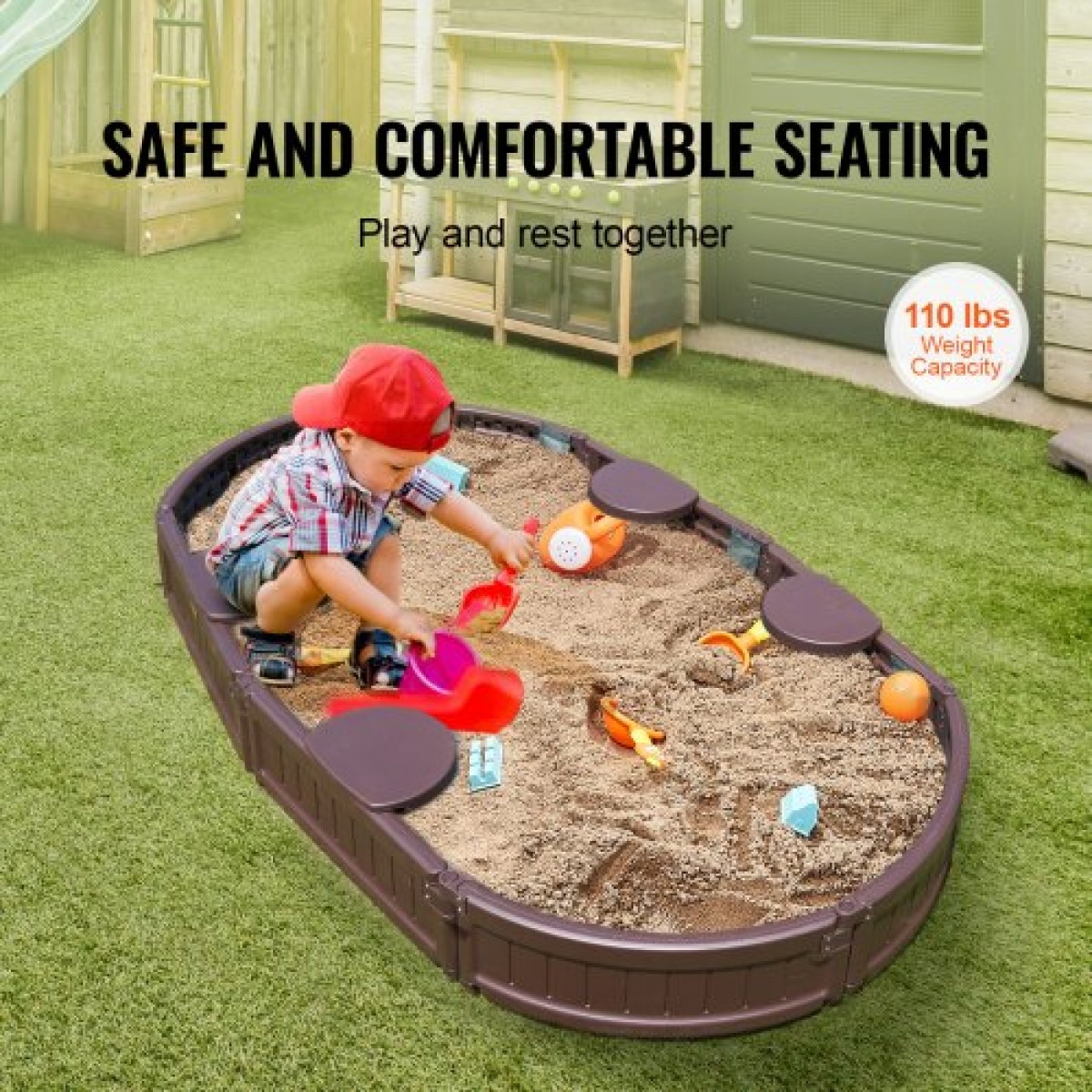 VEVOR Sandbox με κάλυμμα, 72 x 41,5 x 9,1 σε Oval Sand Box, HDPE Sand Pit με 4 γωνιακά καθίσματα και κάτω επένδυση, Παιδικό sandbox για υπαίθρια αυλή, παραλία, πάρκο, δώρο για αγόρια, κορίτσια 3-12 ετών, καφέ