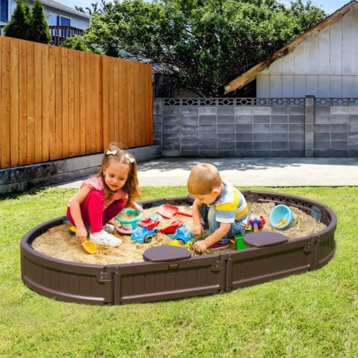 VEVOR Sandbox με κάλυμμα, 72 x 41,5 x 9,1 σε Oval Sand Box, HDPE Sand Pit με 4 γωνιακά καθίσματα και κάτω επένδυση, Παιδικό sandbox για υπαίθρια αυλή, παραλία, πάρκο, δώρο για αγόρια, κορίτσια 3-12 ετών, καφέ