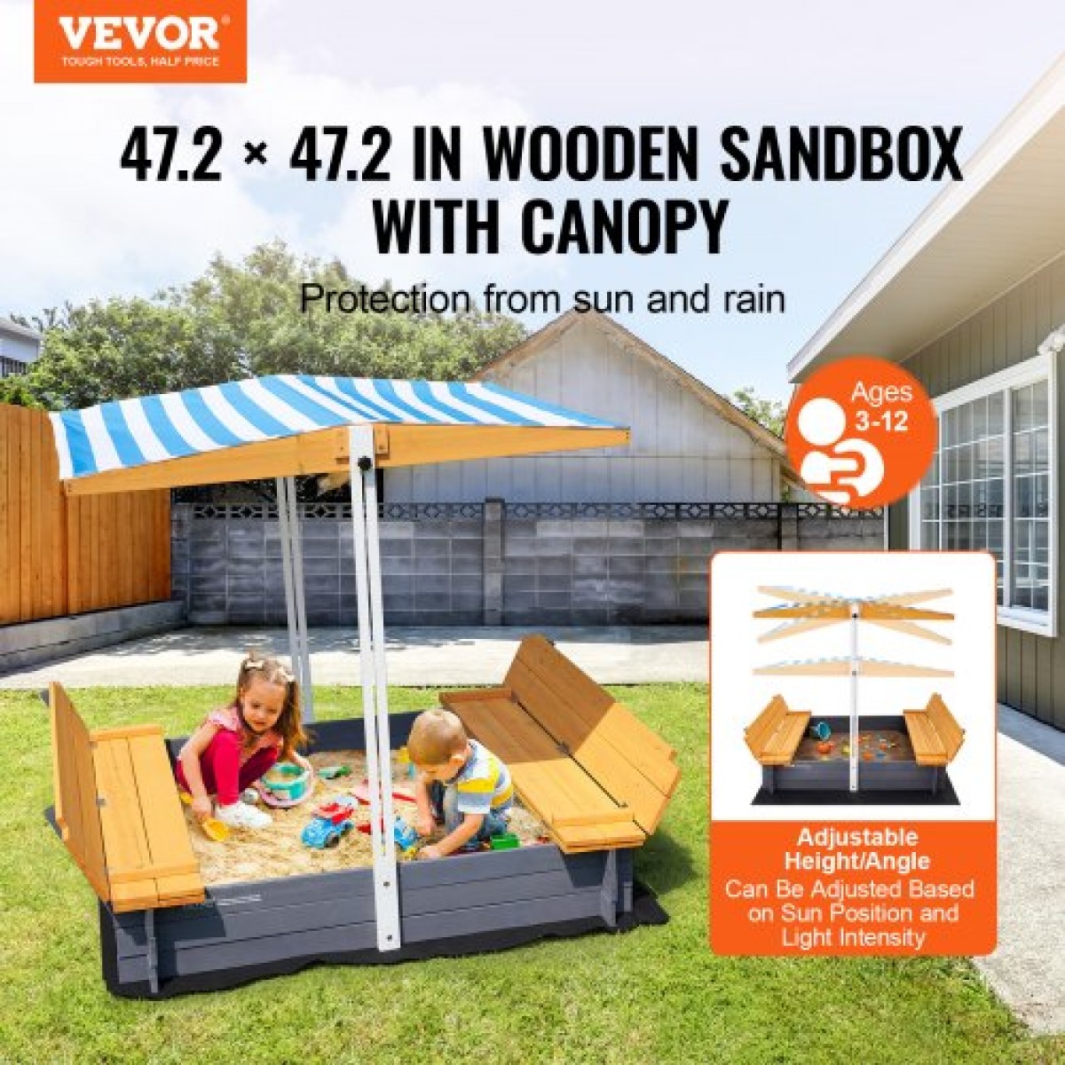 VEVOR Ξύλινο Sandbox με κουβούκλιο, 57,3 x 47,2 x 47,2 σε Sand Box, Sand Pit με πτυσσόμενα καθίσματα πάγκου και κάτω επένδυση, φυσικό ξύλο sandbox για παιδιά για εξωτερική αυλή, παραλία, πάρκο, δώρο για ηλικίες 3-12