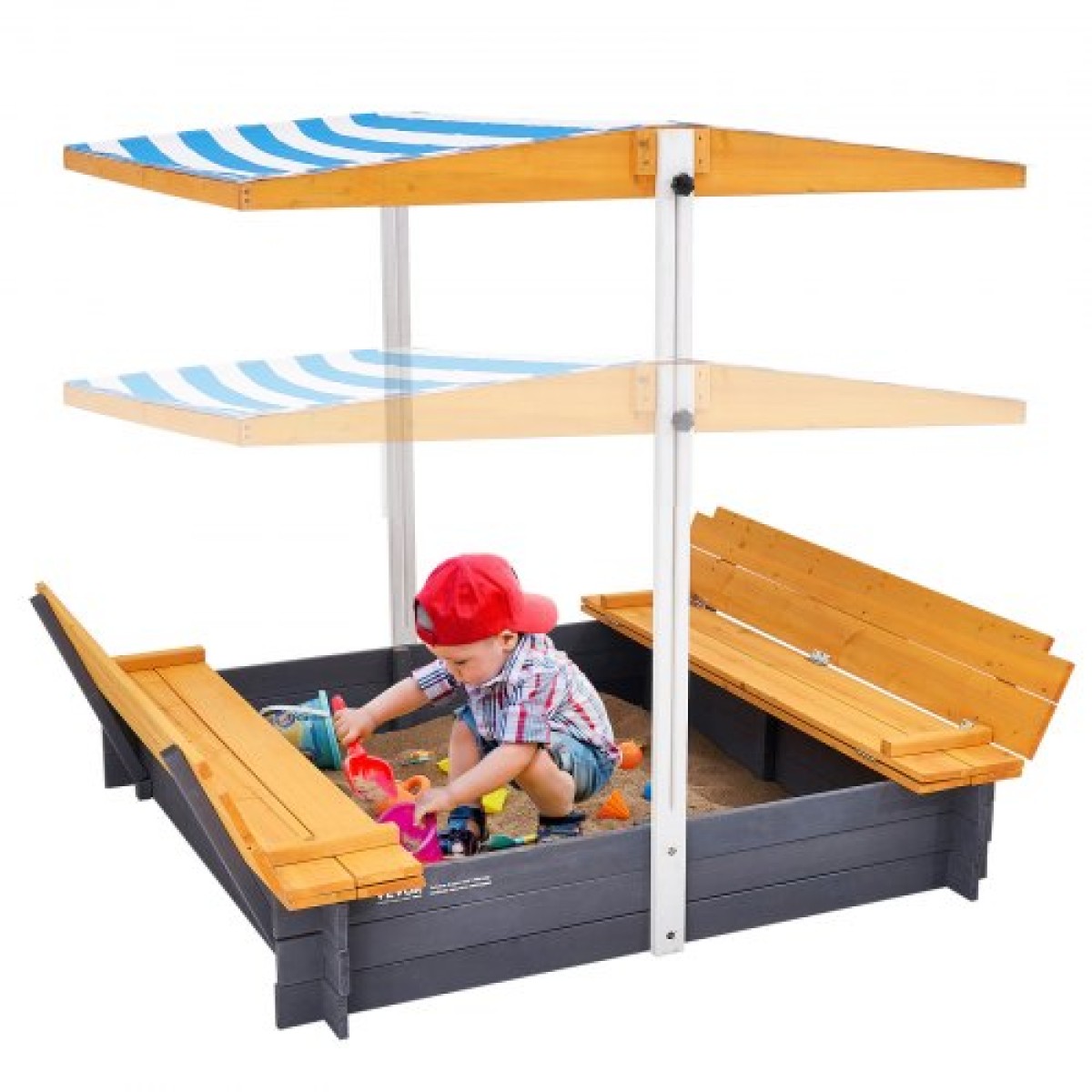 VEVOR Ξύλινο Sandbox με κουβούκλιο, 57,3 x 47,2 x 47,2 σε Sand Box, Sand Pit με πτυσσόμενα καθίσματα πάγκου και κάτω επένδυση, φυσικό ξύλο sandbox για παιδιά για εξωτερική αυλή, παραλία, πάρκο, δώρο για ηλικίες 3-12