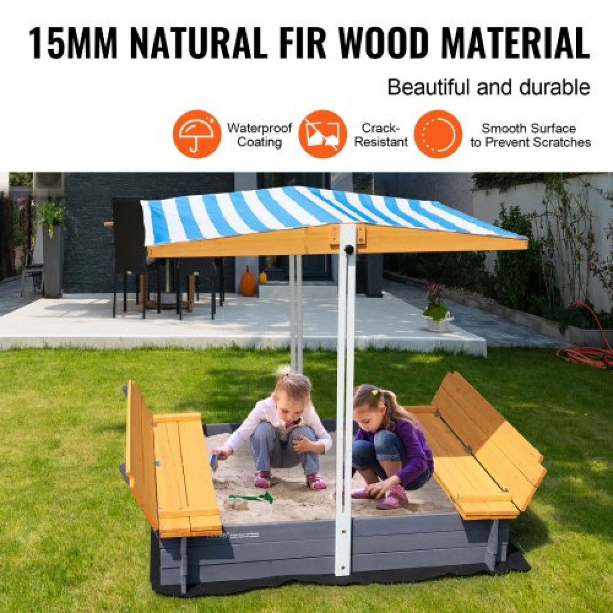 VEVOR Ξύλινο Sandbox με κουβούκλιο, 57,3 x 47,2 x 47,2 σε Sand Box, Sand Pit με πτυσσόμενα καθίσματα πάγκου και κάτω επένδυση, φυσικό ξύλο sandbox για παιδιά για εξωτερική αυλή, παραλία, πάρκο, δώρο για ηλικίες 3-12